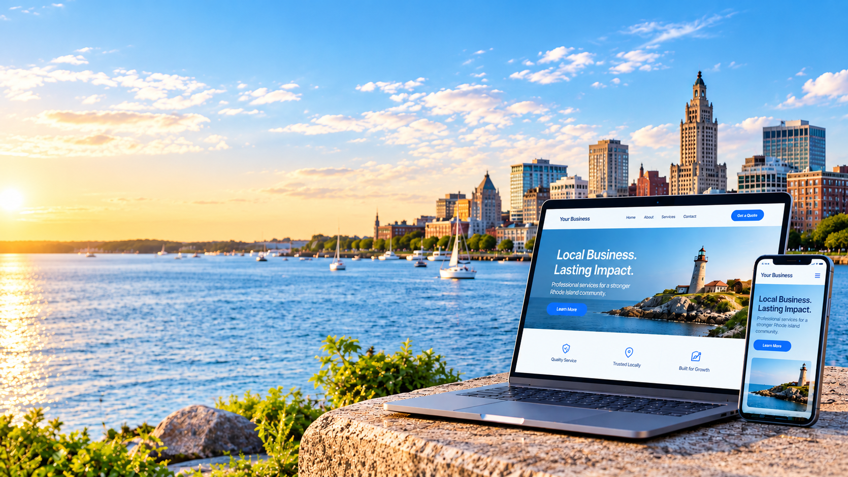 Bright modern workspace with laptop and smartphone displaying a professional Rhode Island web design website, overlooking the Providence waterfront city skyline.