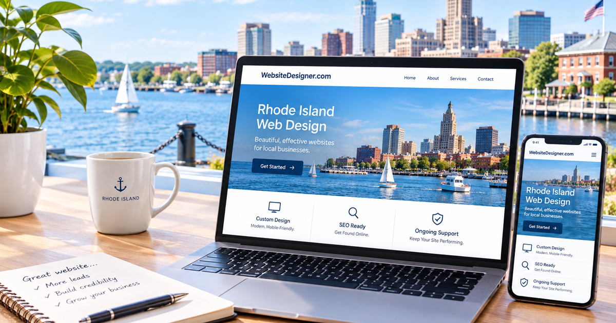 Rhode Island web design website displayed on laptop and smartphone overlooking the Providence waterfront.