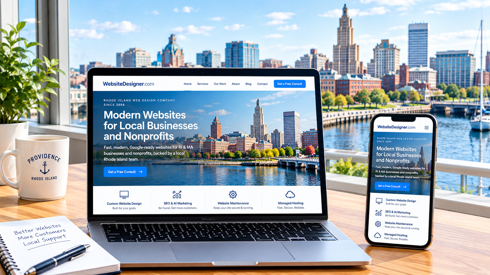 Bright modern workspace with laptop and smartphone displaying a Rhode Island web design website, overlooking the Providence waterfront skyline.