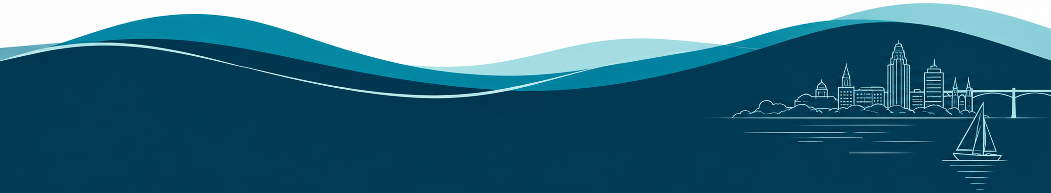 Rhode Island-inspired wave design with a Providence skyline, sailboat, and bridge illustration in blue and teal tones