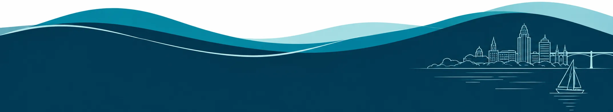 Rhode Island-inspired wave design with a Providence skyline, sailboat, and bridge illustration in blue and teal tones