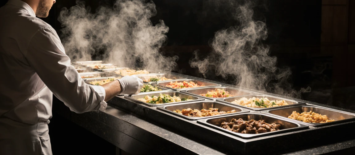Chef in front of a warm buffet presentation