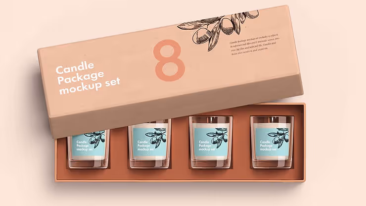 A collection of candle package mockups, displaying diverse designs and arrangements for showcasing branding and aesthetics.