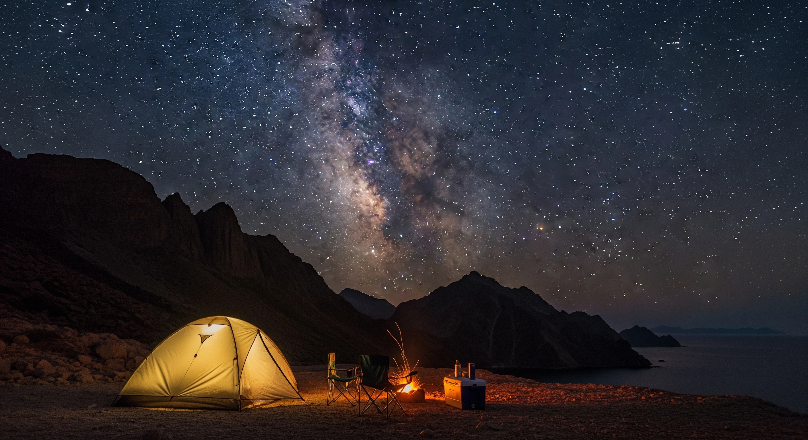 An illuminated tent and campfire on a cliffside overlooking the sea, set against a stunning night sky filled with the Milky Way galaxy.