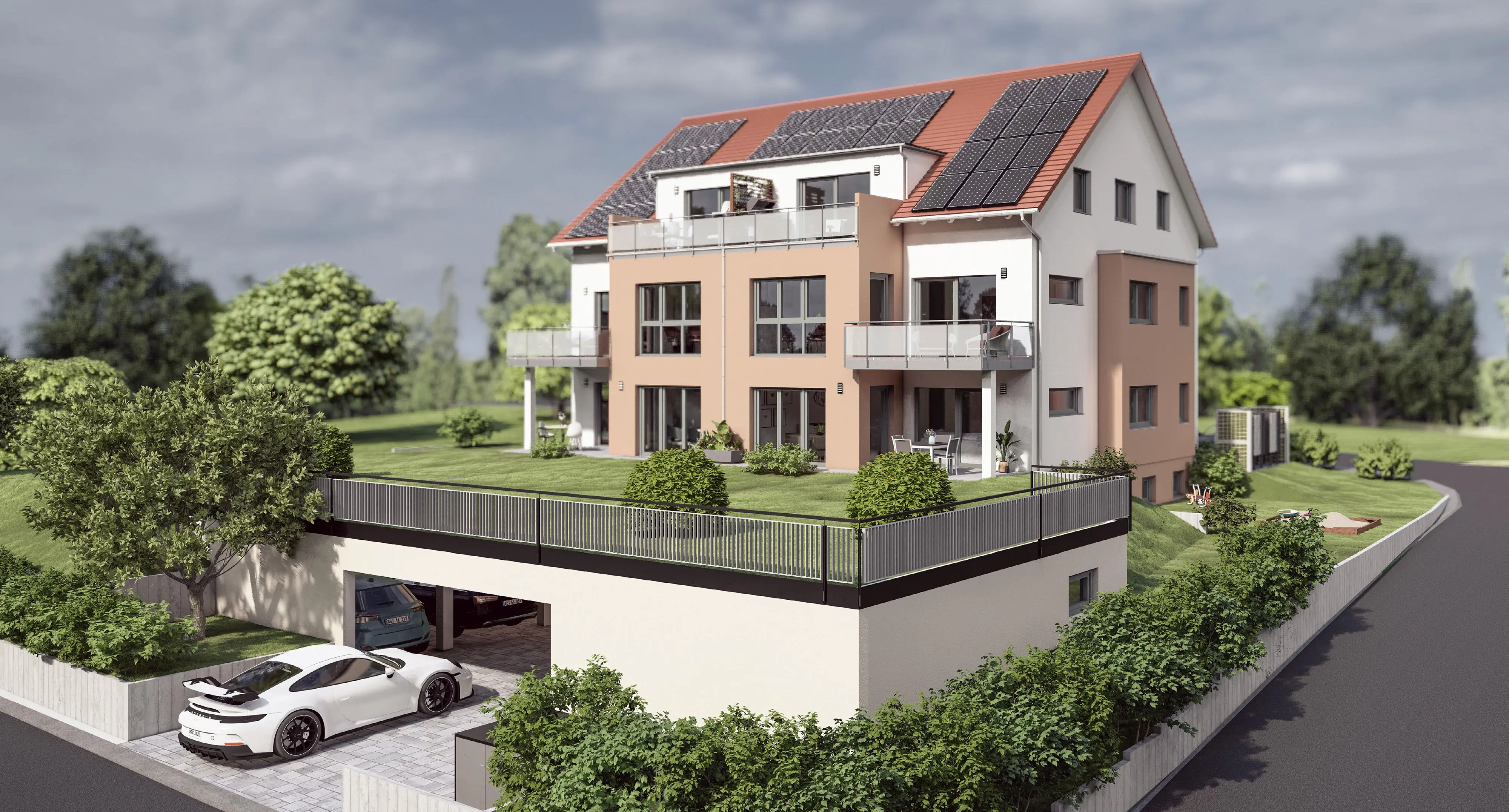 Aussenansicht vom Mehrfamilienhaus mit Grundstück, gebaut von Hauser Massivbau