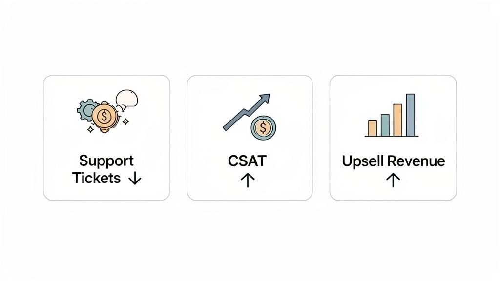 Visualizing key customer service metrics: reduced support tickets, increased CSAT, and higher upsell revenue.