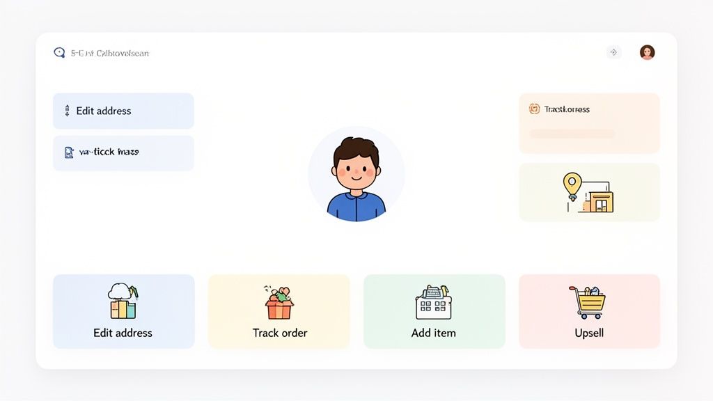 A clean self-service customer portal interface showing options like edit address, track order, add item, and upsell.