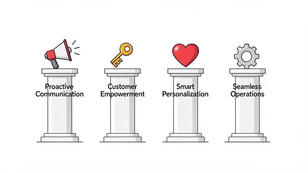Four business pillars with icons: proactive communication, customer empowerment, smart personalization, and seamless operations.