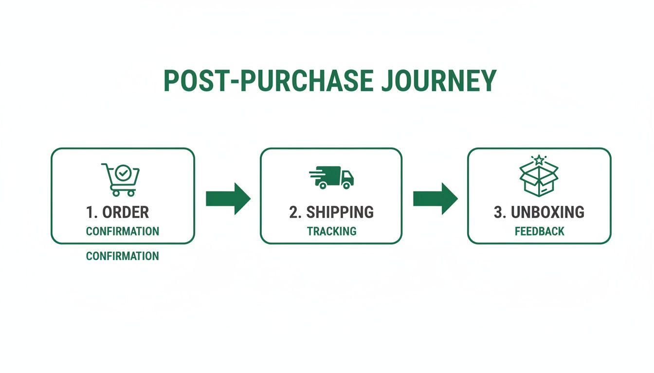 Infographic showing the post-purchase customer journey: order confirmation, shipping tracking, and unboxing feedback.