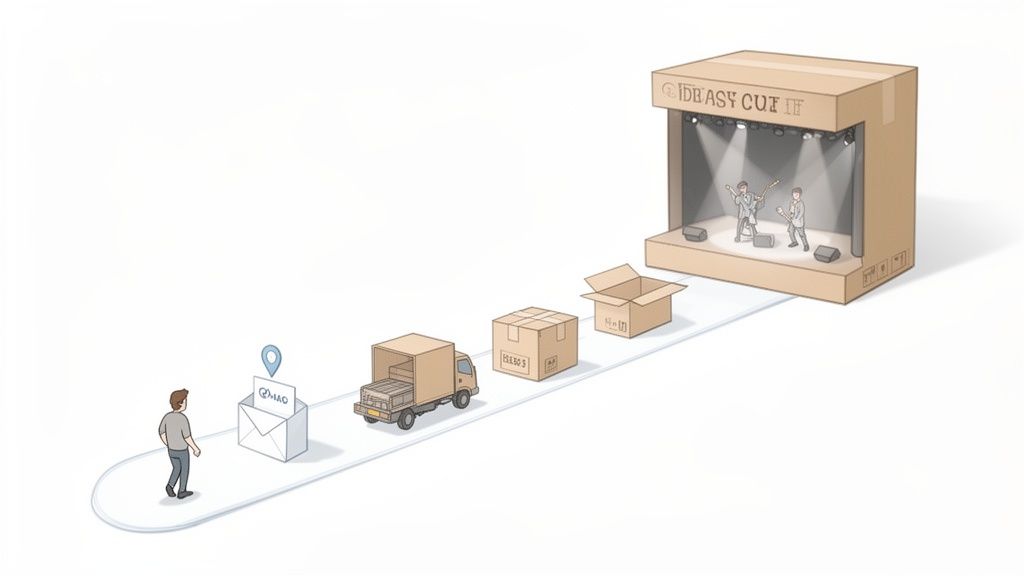 Conceptual illustration of a delivery process ending in a live music stage made from cardboard boxes.