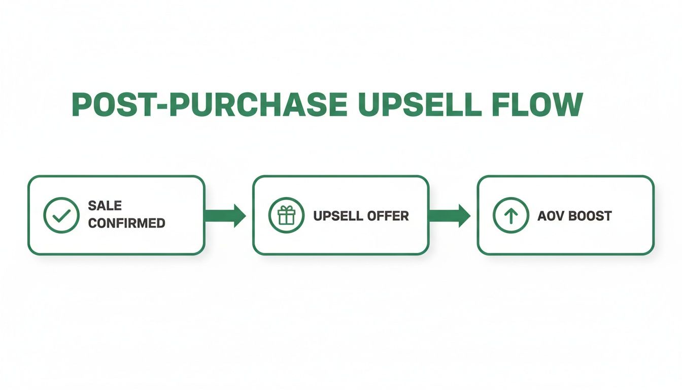 Diagram illustrating a post-purchase upsell flow from sale confirmation to average order value boost.