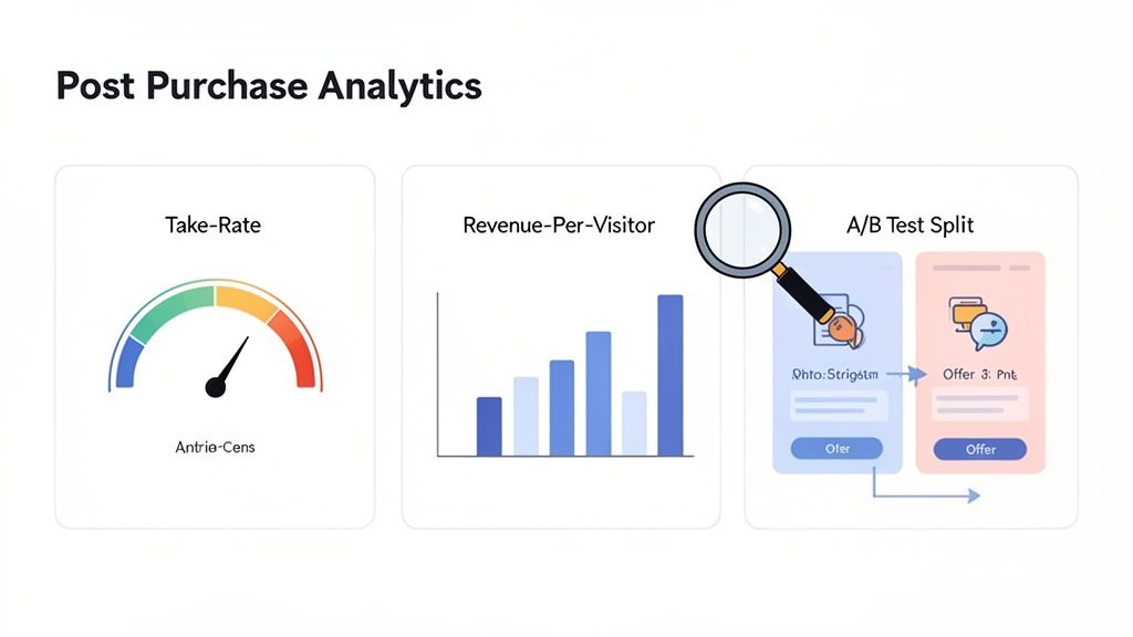A digital dashboard displaying key post-purchase analytics, including take-rate, revenue, and A/B test results.