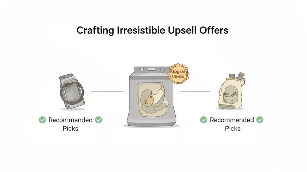 An illustration demonstrating crafting irresistible upsell offers with recommended picks for a washing machine, phone accessory, and backpack.