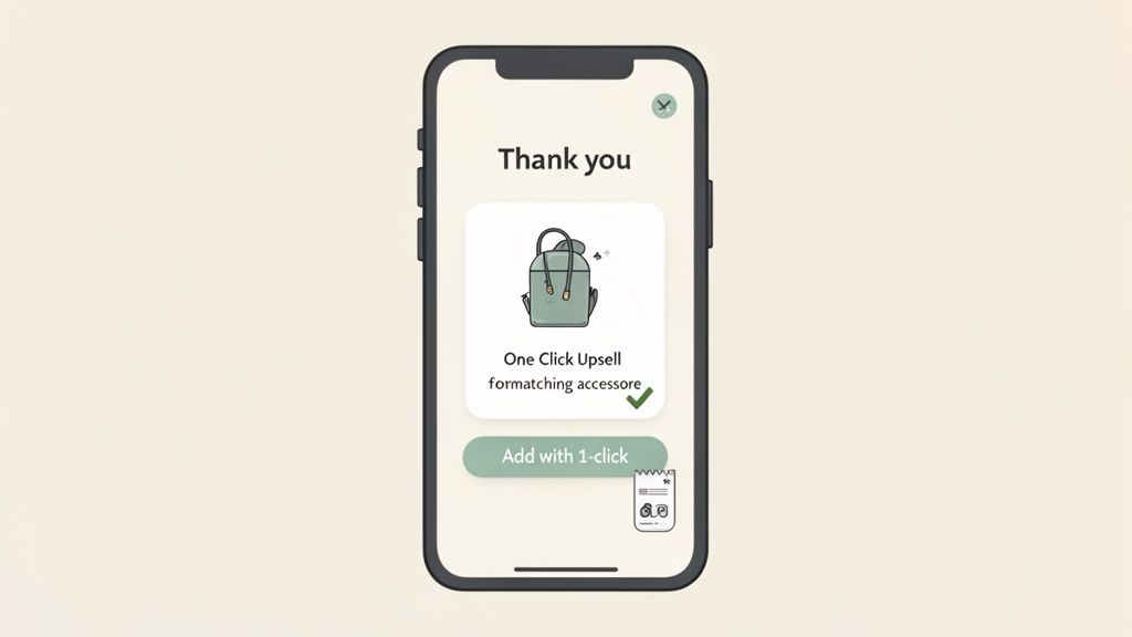 Smartphone screen showing an e-commerce upsell offer for a matching backpack accessory, prompting to "Add with 1-click" after a purchase.