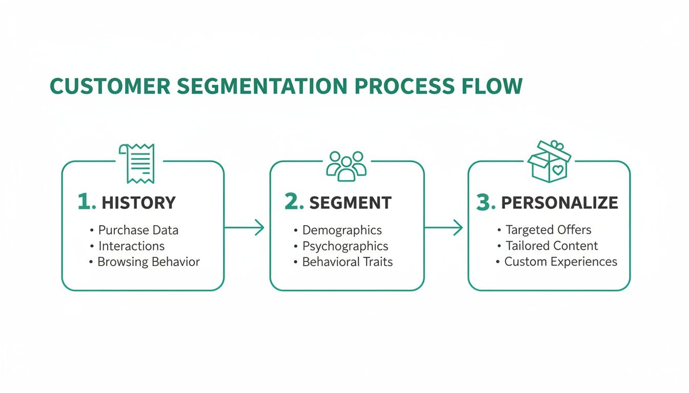 A customer segmentation process flow diagram with steps for history, segmentation, and personalization.