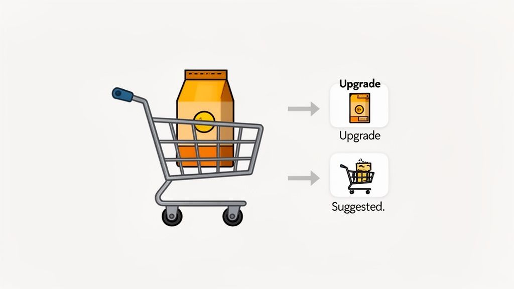 Illustration of a shopping cart with a product, showing options for upgrade or suggested additional items.