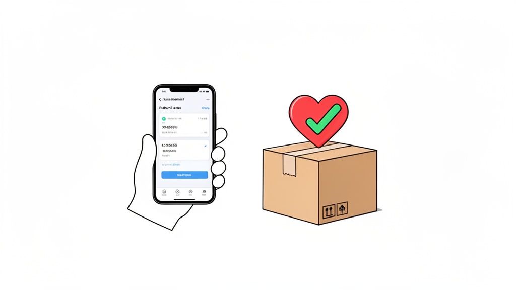 A hand holds a phone displaying an order confirmation, next to a package with a heart and checkmark.