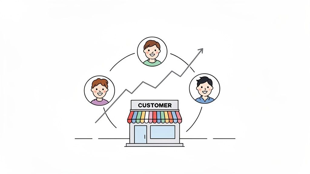 Illustration of a store with customers, and an upward trending graph indicating customer value growth.