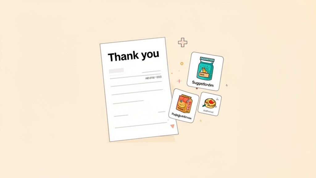 A cartoon receipt with 'Thank you' text and three product suggestion cards on a light background.