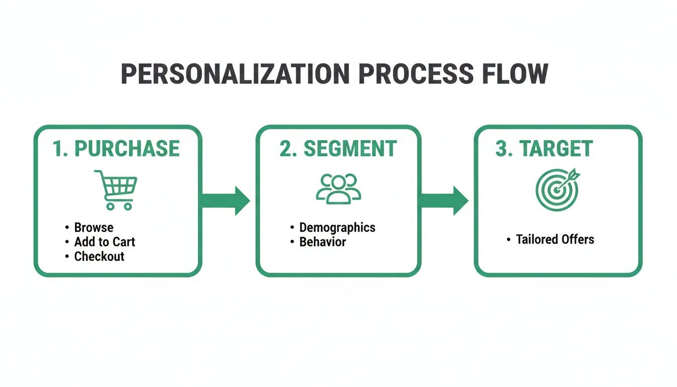 Flowchart illustrating the personalization process with three steps: Purchase, Segment, and Target for tailored offers.