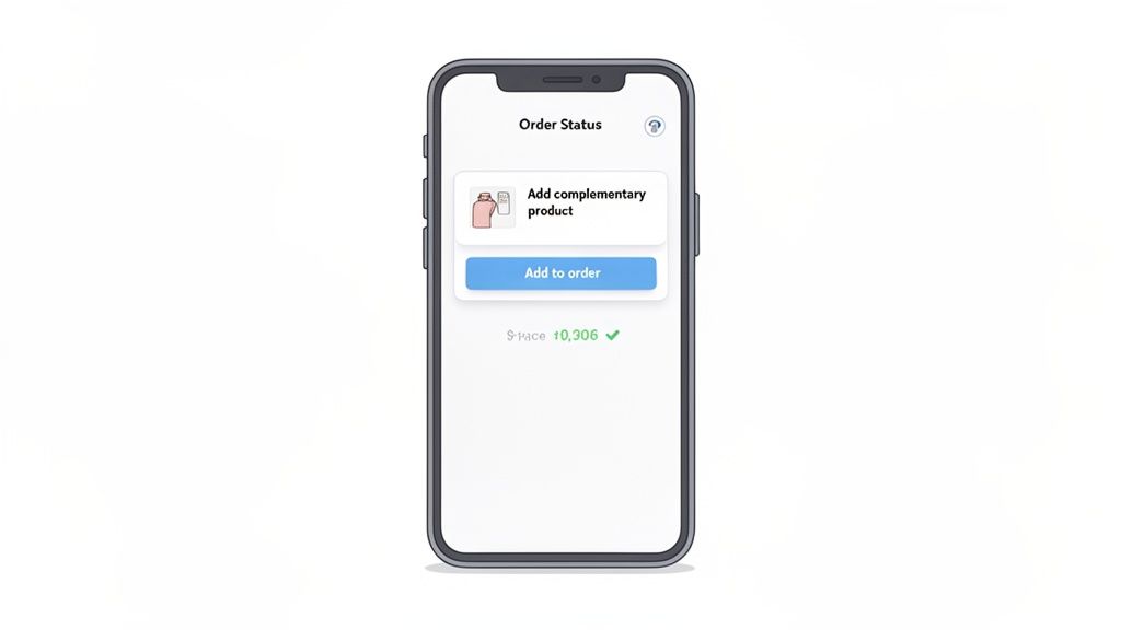 A smartphone screen displays an 'Order Status' page with an option to add a complementary product.