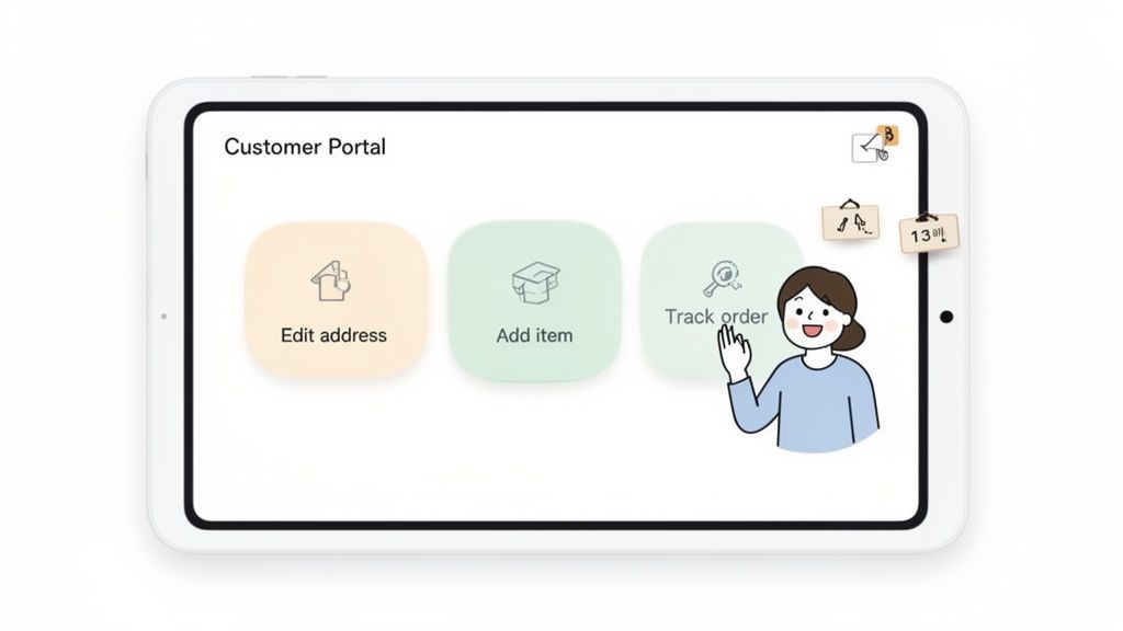 A tablet displaying a 'Customer Portal' with options for 'Edit address,' 'Add item,' and 'Track order.' A cartoon woman smiles.