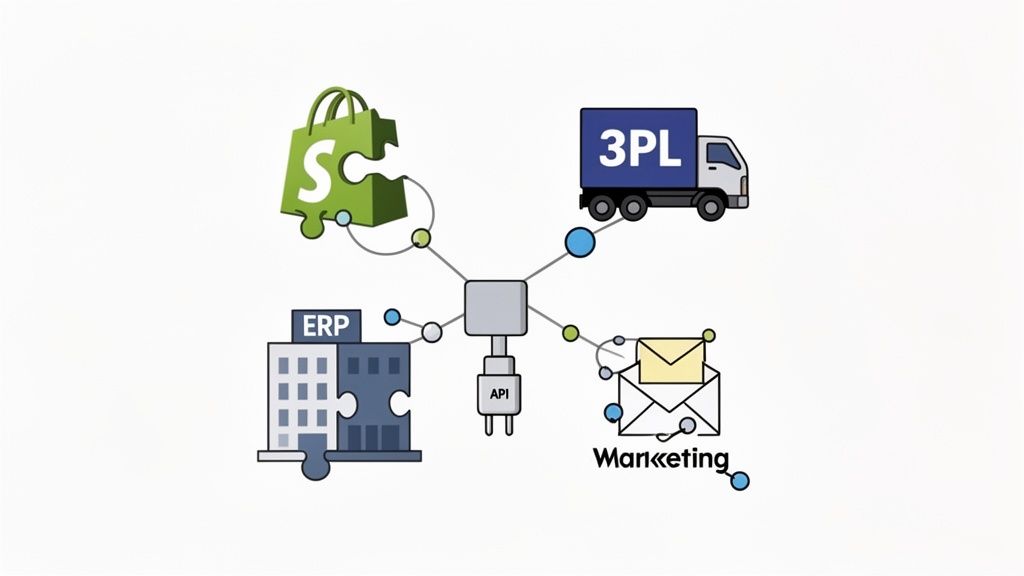 Illustration of Shopify, ERP, 3PL, and Marketing systems connected via an API integration hub, depicting an e-commerce ecosystem.