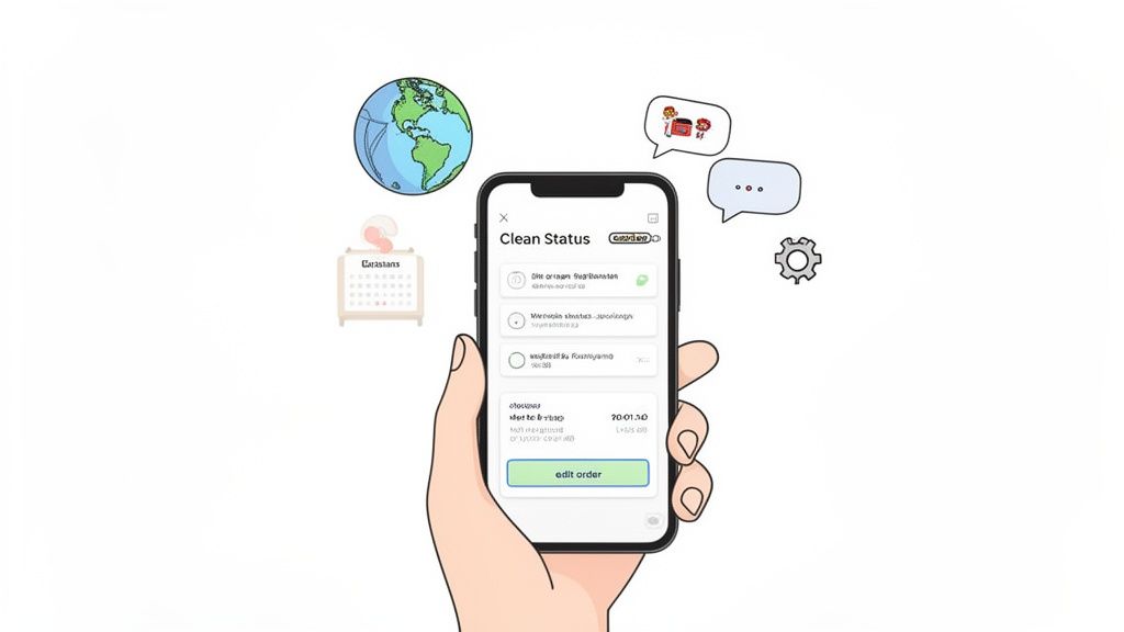 A cartoon hand holds a smartphone displaying a 'Clean Status' app with an order list.