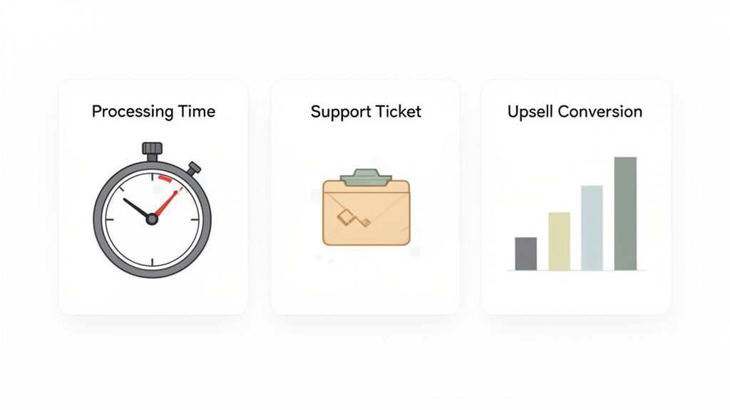 Three cards showing business metrics: processing time with a stopwatch, support tickets, and upsell conversion bar chart.
