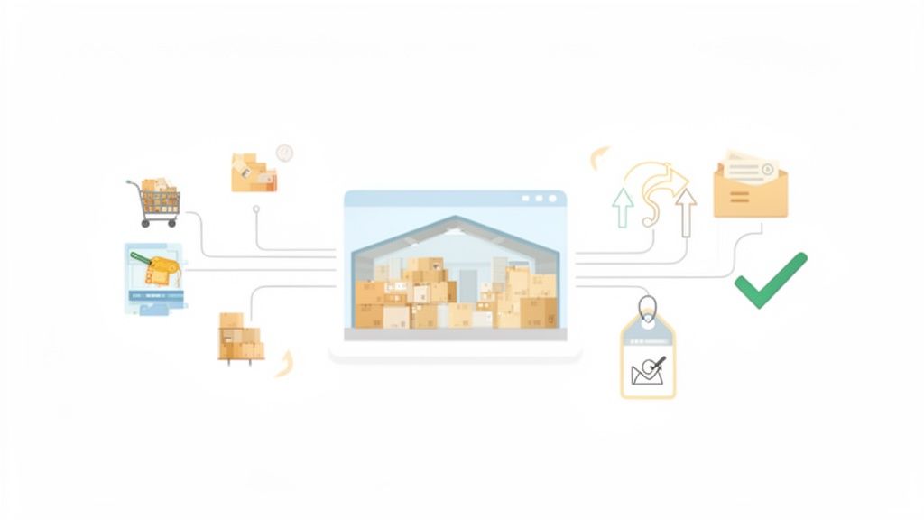 An illustration showing a digital order management system with a warehouse, shopping cart, and delivery.