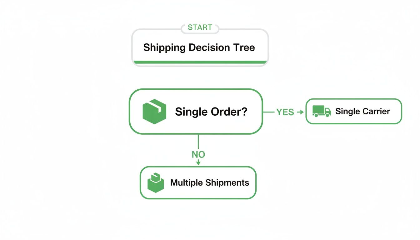 A 'Shipping Decision Tree' flowchart: a single order leads to a single carrier, otherwise multiple shipments.