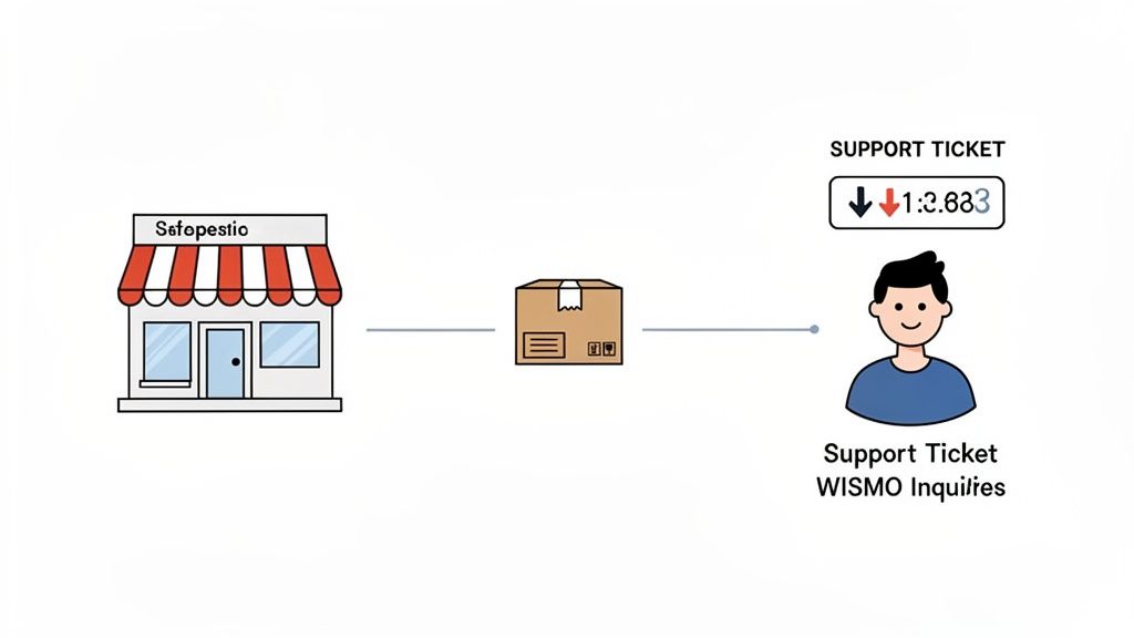 An illustration showing a store, a package, and a person with a support ticket for order inquiries.