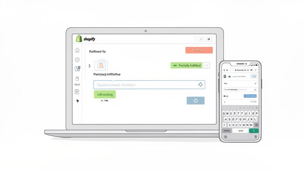 Shopify order fulfillment process displayed on a laptop and a mobile device.