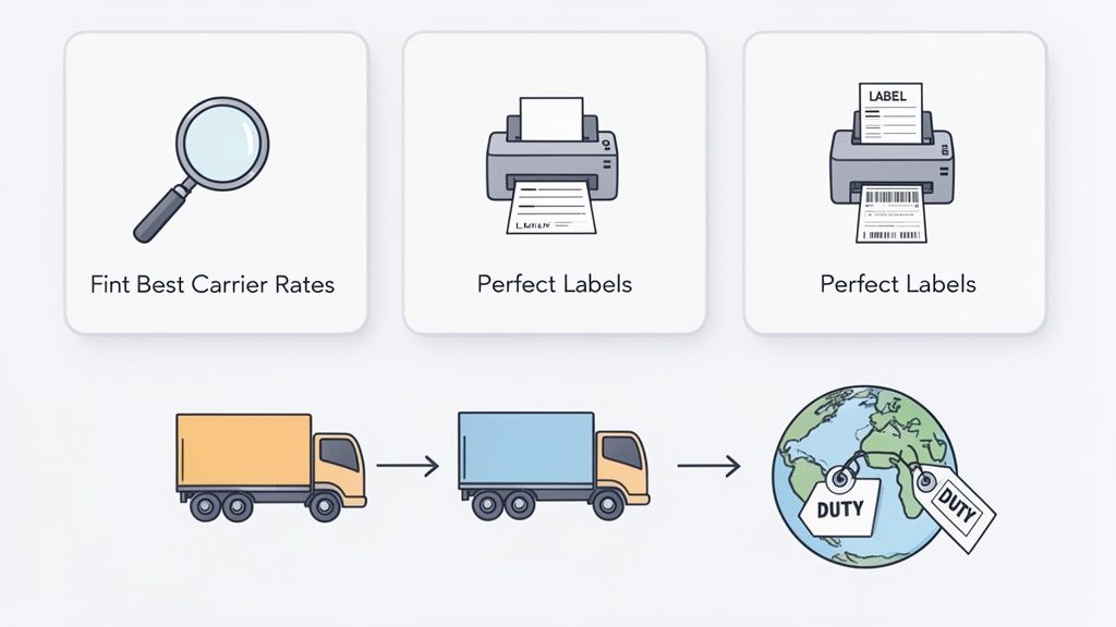 Process illustration: finding best carrier rates, printing perfect labels, and international shipping with duties.