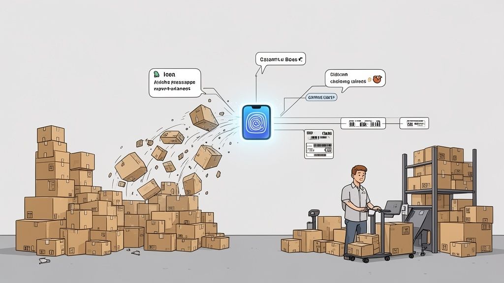 Logistics illustration showing a mobile app processing boxes and a worker sorting shipments.