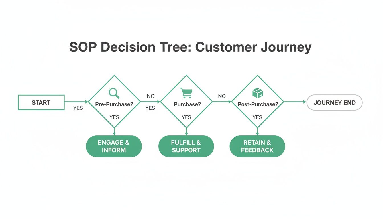 Flowchart illustrating a customer journey decision tree, detailing standard operating procedures for pre-purchase, purchase, and post-purchase stages.