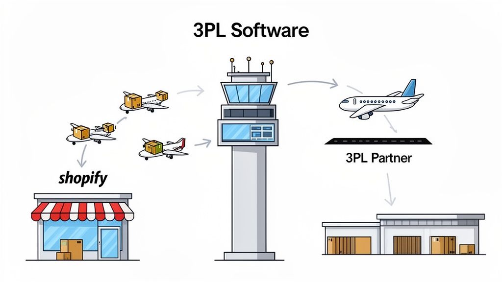Diagram illustrating 3PL software managing supply chain from Shopify store to a 3PL partner warehouse.