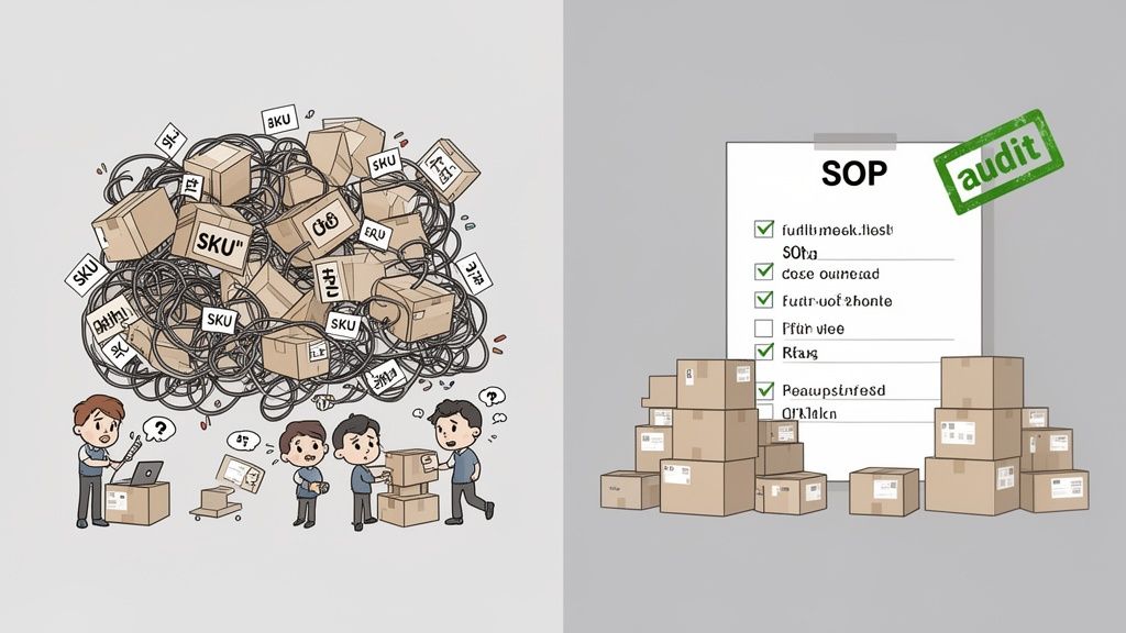 A split image contrasting chaotic inventory with tangled boxes and confused workers versus organized logistics with neat boxes and an SOP checklist.