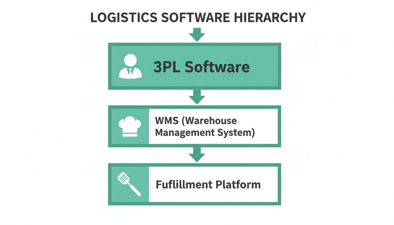 A hierarchical diagram illustrating logistics software, including 3PL, WMS, and Fulfillment Platform.