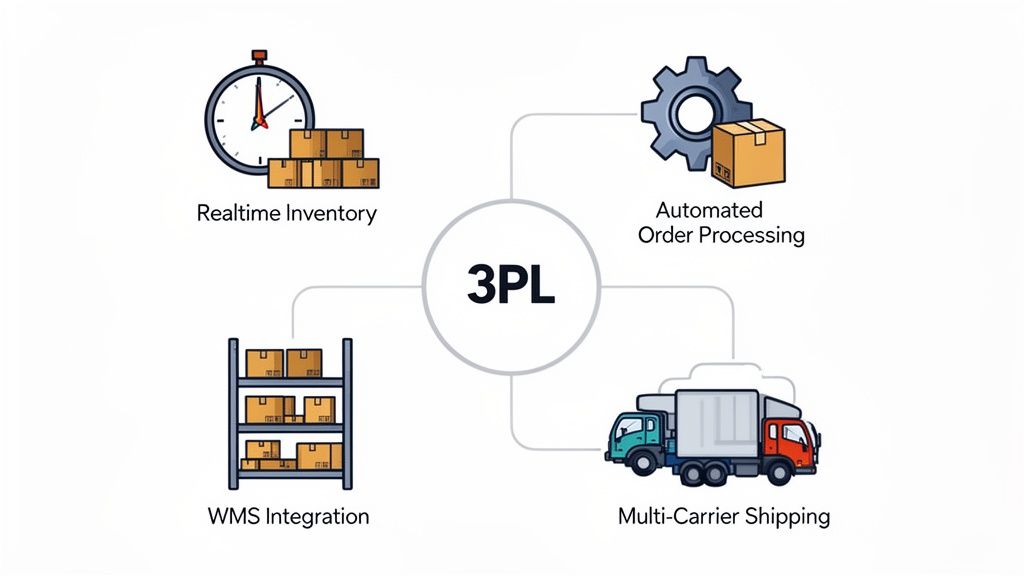 A diagram illustrating 3PL services including realtime inventory, automated order processing, WMS integration, and multi-carrier shipping.