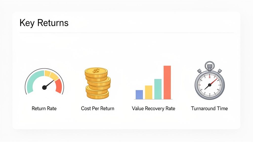 A dashboard displaying key return metrics: Return Rate, Cost Per Return, Value Recovery Rate, and Turnaround Time.