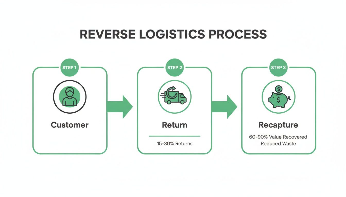Flowchart illustrating the 3-step reverse logistics process: Customer, Return (15-30%), and Recapture (60-90% value recovered, reduced waste).