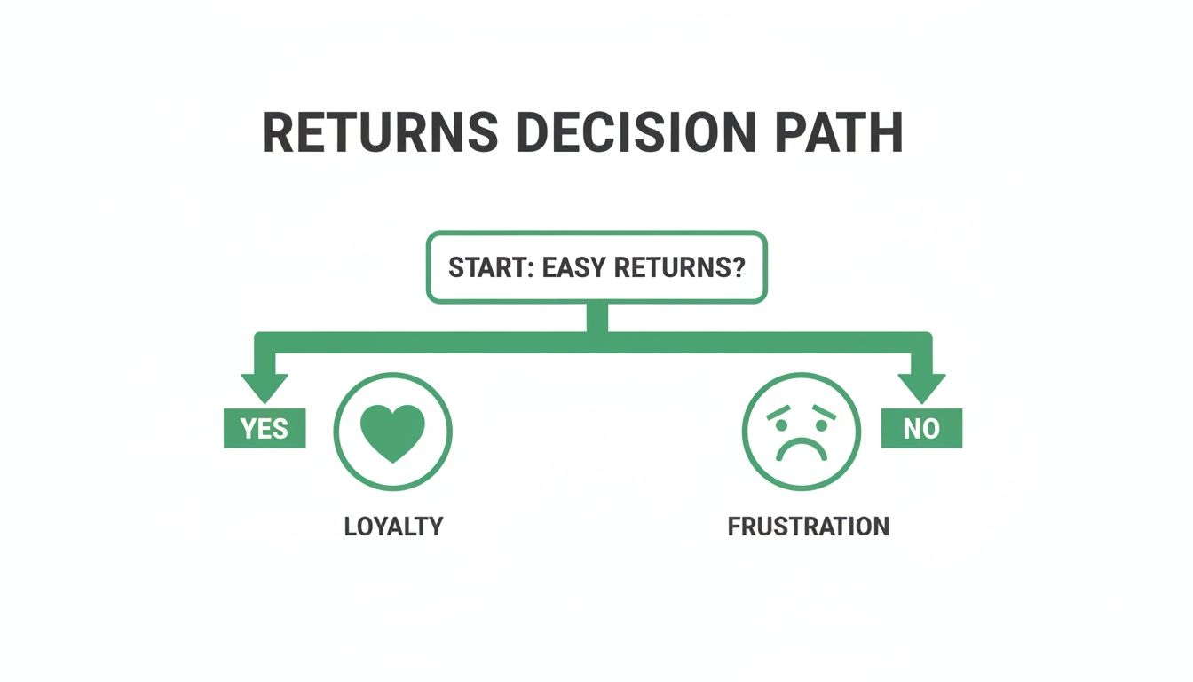 A flowchart illustrating the returns decision path, where easy returns result in loyalty and difficult returns cause frustration.