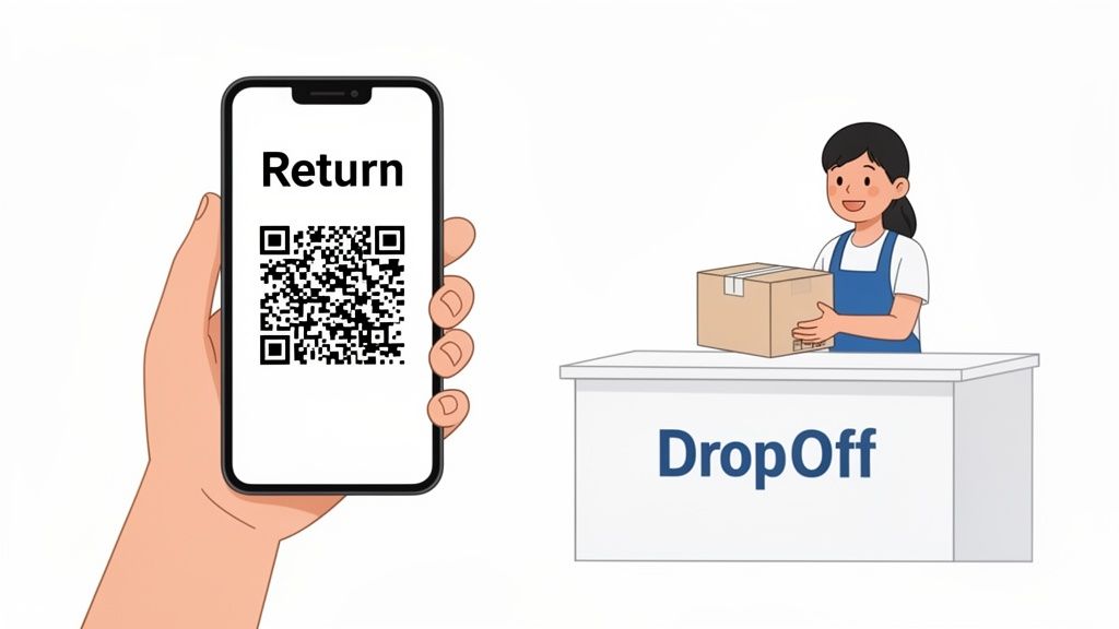 A person uses a smartphone displaying a return QR code for package drop-off with a store employee.