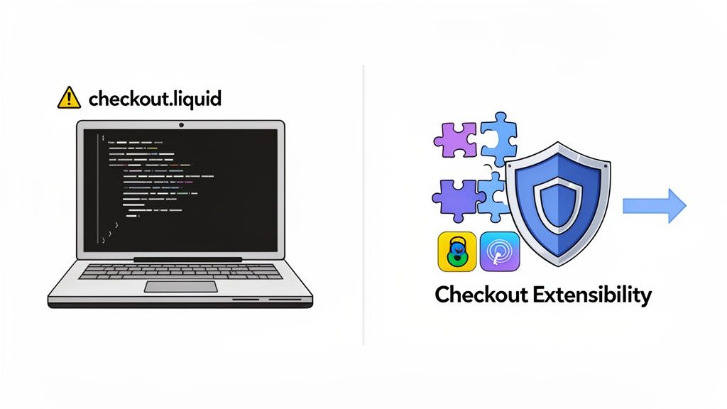 Illustration showing a warning over checkout.liquid code transitioning to secure, extensible Shopify checkout solutions.