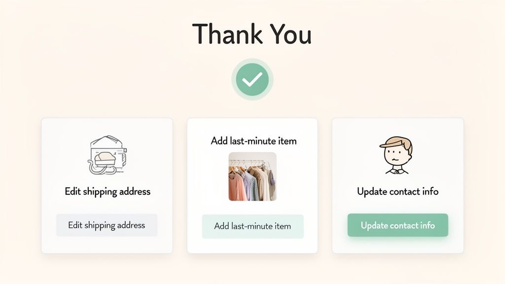 Thank You page showing options to edit shipping address, add last-minute items, or update contact info.