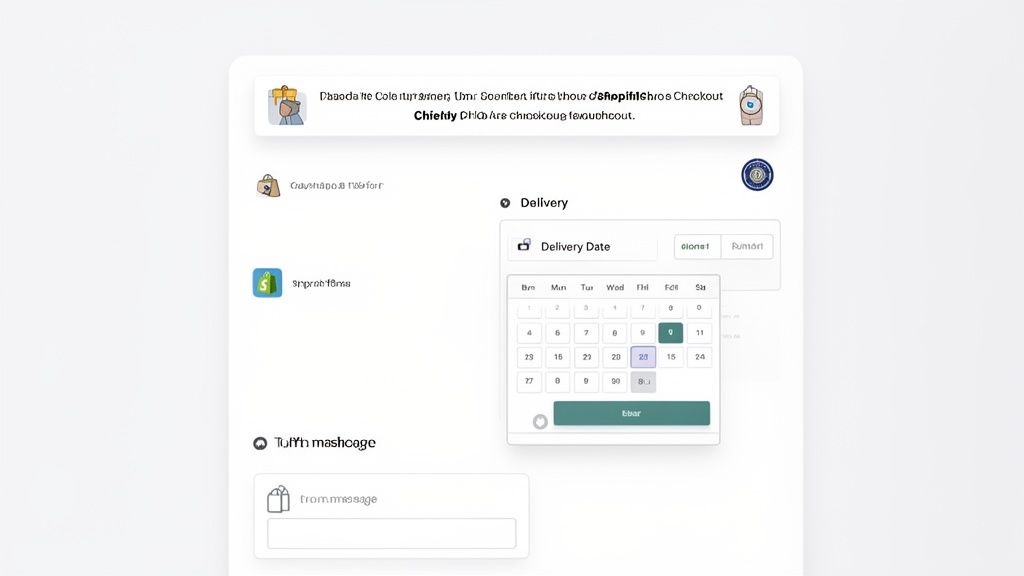 A user interface showing a delivery date calendar with selected dates, and a message input field.