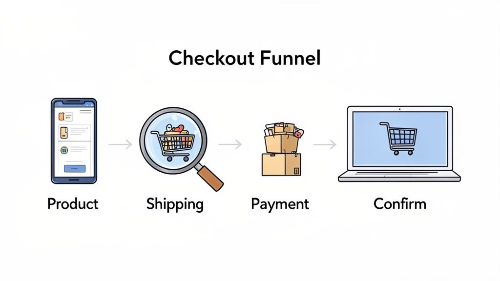 An illustration of a digital checkout funnel on a white background, showing product, shipping, payment, and confirmation stages.