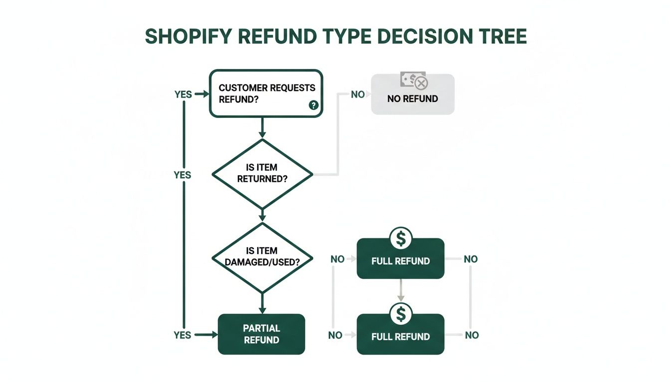 Shopify refund type decision tree detailing steps for customer requests, item return, and item condition.