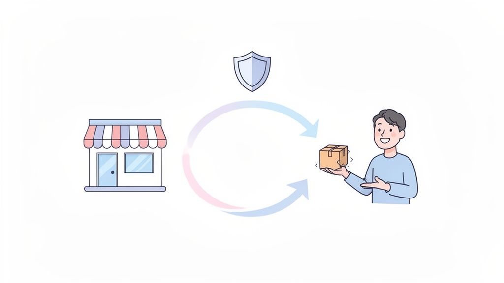 Illustration of a shop and a customer with a package, surrounded by circular arrows and a shield, symbolizing a secure return or refund process.